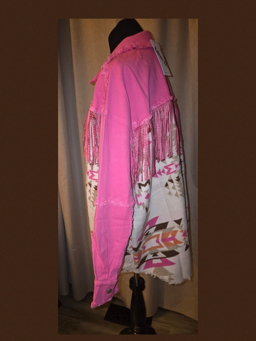 Aztec-Pattern Pink Fringe Denim Jacket - Picture 2 of 4